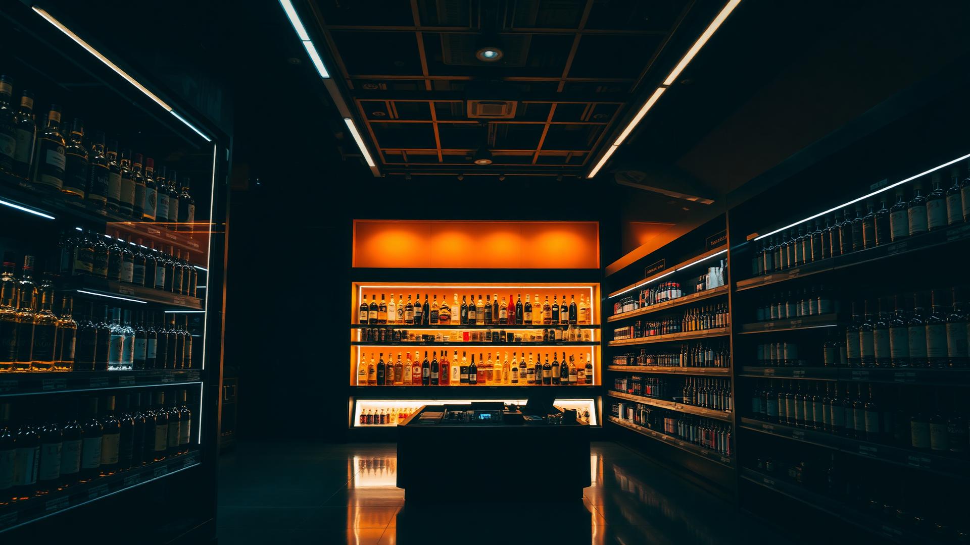 Interior de loja de conveniência premium com prateleiras iluminadas de bebidas
